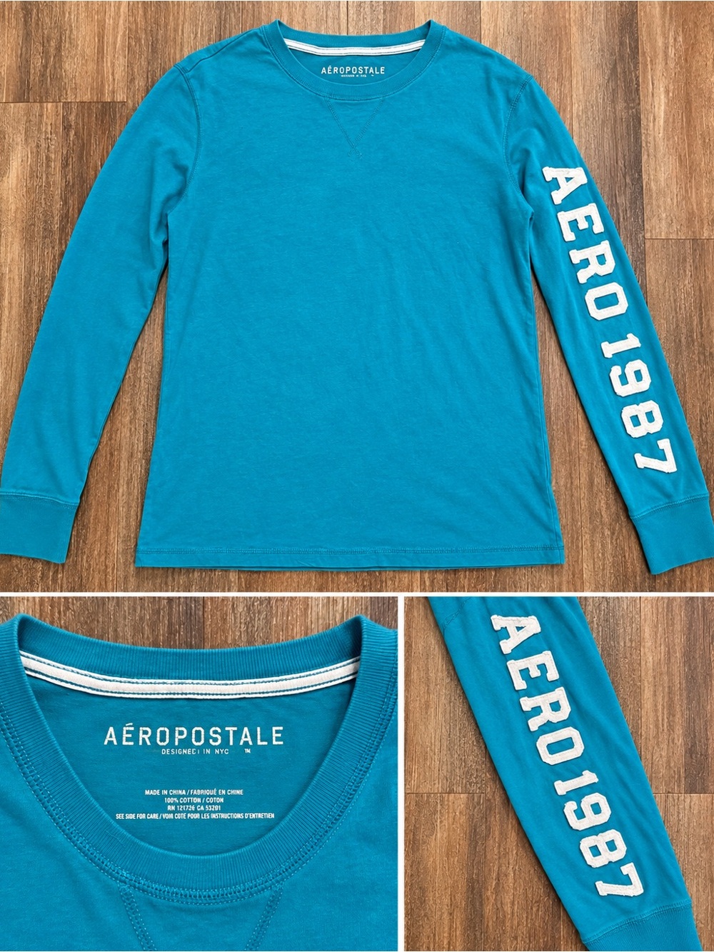 Aeropostale Teal Long Sleeve Crew with White AERO 1987 Sleeve Print